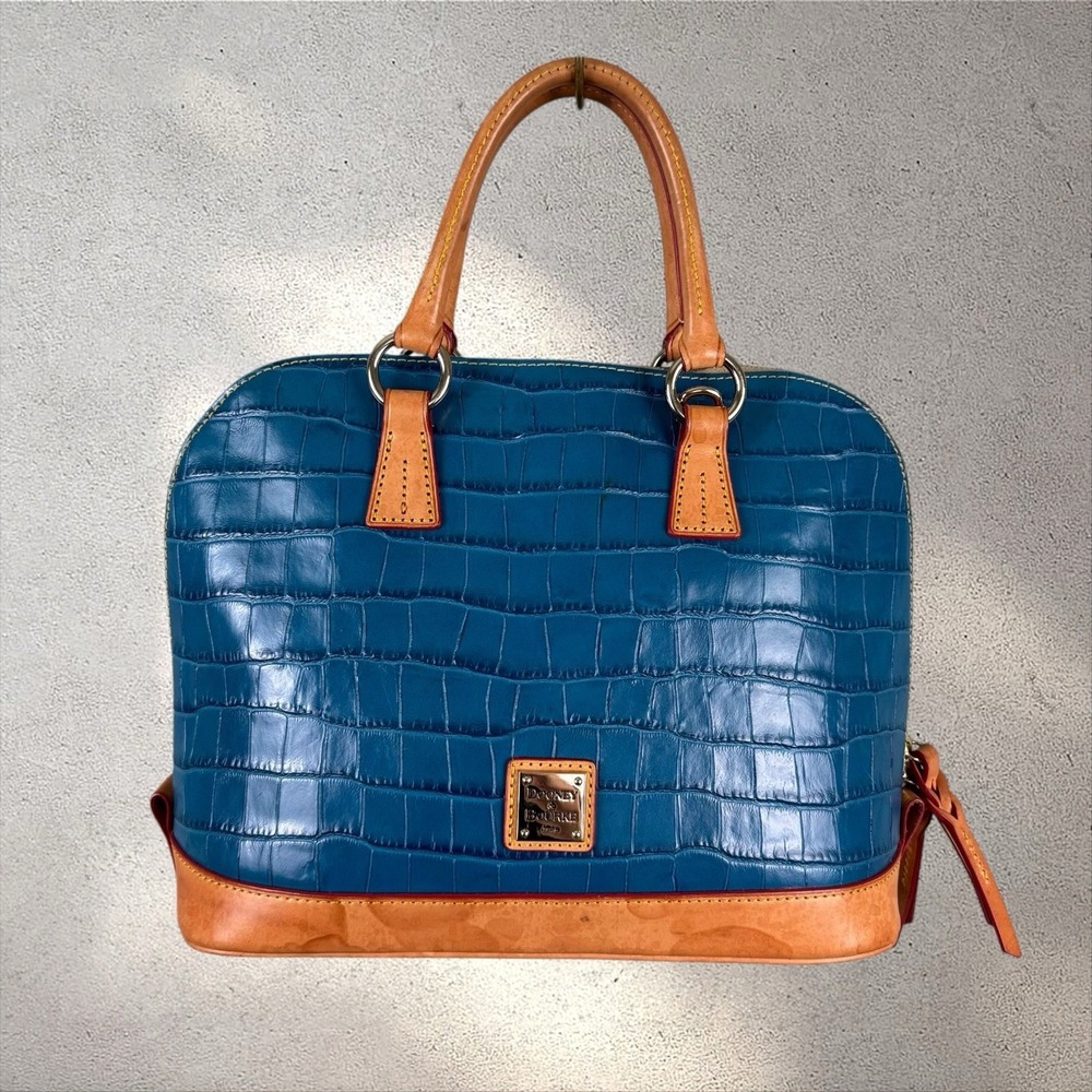 Dooney & Bourke Marine Blue Embossed Croc Leather Dome Satchel Bag